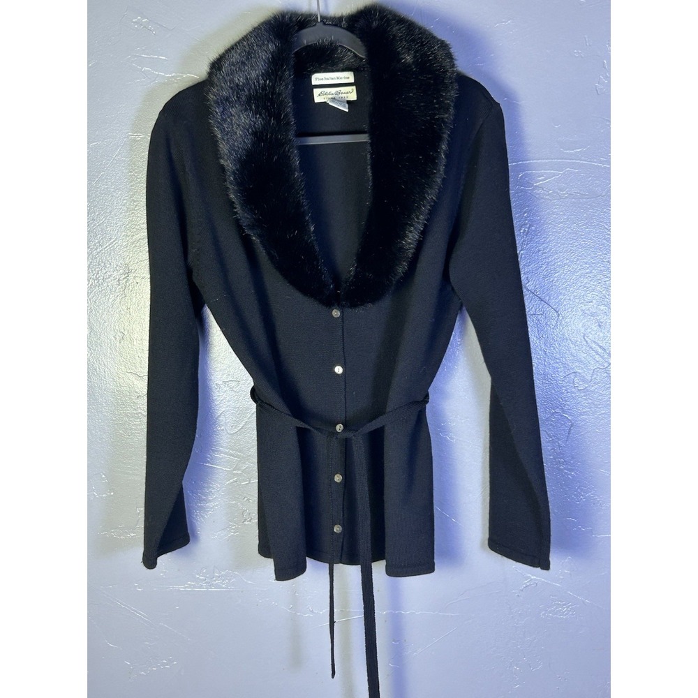 black Eddie Bauer Fine Merino Italian Wool cardigan plush faux fur collar L